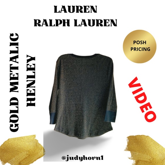 LAUREN RALPH LAUREN Coal Black and Gold Metallic Henley Sweater - Picture 5 of 7
